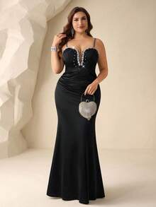 Coutiva 大码水钻装饰修身优雅正式晚礼服（重工装饰） - 黑色 - 查看 4