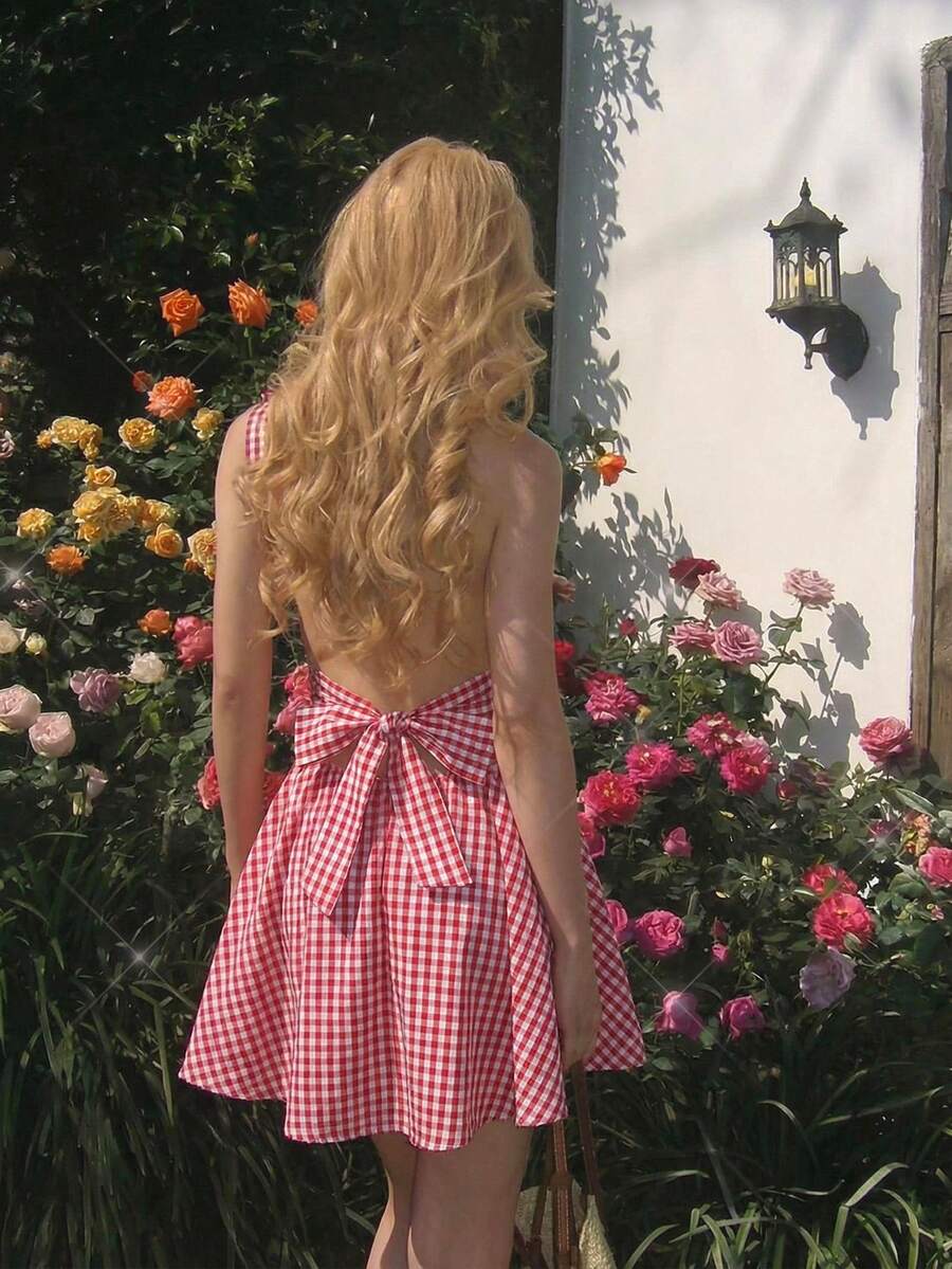 SHEIN MOD Women's Red & White Plaid Backless Twist Ruched Cami Mini Dress,Red Plaid Dress,Picnic Dresses,Tea Party Outfits,Beach Dress,Going Out ,Summer Holiday Outfitsvacation - Red and White - View 1