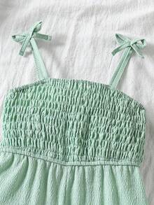 SHEIN 女童連身褲，優雅休閒度假風，細肩帶修身藍色梭織連身褲，春夏款，適合戶外度假 - 綠色 - 查看 3