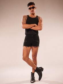 FeverCity 男士水洗弹力宽松牛仔短裤 - 黑色 - 查看 6