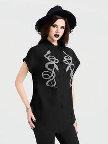 Breakform 女士哥特复古蛇纹印花翻领纽扣宽松衬衫 - 黑色 - 查看 3