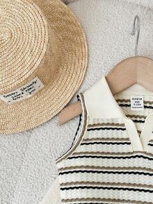 SHEIN Conjunto de top de tirantes con cuello polo a rayas y shorts con volantes de cintura elástica, estilo lindo para bebé niña en verano - Caqui - Ver 6