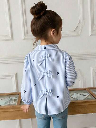 Young Girls' Fashion Casual Striped Bow Blouse