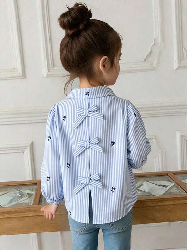 Young Girls' Fashion Casual Striped Bow Blouse