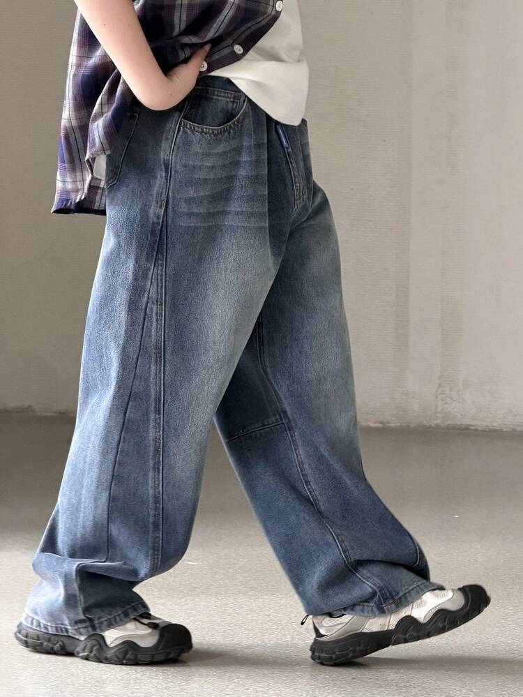 Tween Boy Pocketed Wide Leg Loose Casual Versatile Jeans