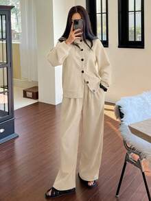 DAZY Bộ đồ ngủ mùa đông tối giản 2 món gồm áo dài tay và quần dài bằng vải nỉ mềm mại, chất liệu nỉ. - Màu be - Xem 5