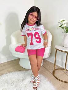 年轻女孩休闲街头风粉白79图案宽松T恤和打底裤套装 - 粉色 - 查看 5