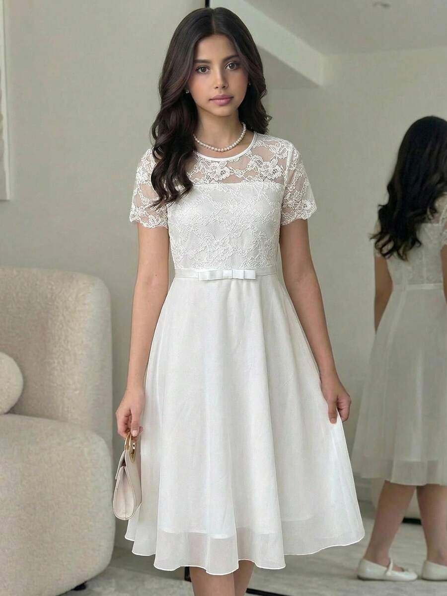 SHEIN Vestido de fiesta de línea A con cuello redondo, parches y ribete de encaje para adolescentes - Blanco - Ver 1