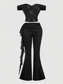 SHEIN MOD Women's Black Summer 70s Party Off-Shoulder Vintage Court Top,Shiny Sequin Embroidery,Sparkling Rhinestone Embellished Fitted Elegant Glitter Top - Black - View 5