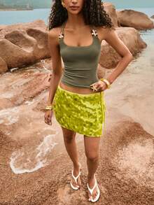 Poéselle Women's Solid Color Beaded Halter Neck Backless Fitted Tank Top,Summer Top - Army Green - View 3