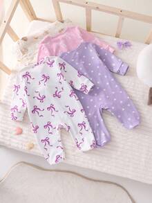 3件套新生儿可爱爱心图案长袖连体睡衣套装，简约时尚 - 彩色 - 查看 2