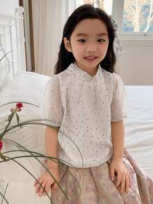 DAZY Girls (Small) Bow Tie Strap All-Over Print Korean Style Polka Dot Fresh Summer Shirt - Apricot - View 4