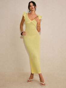 Poéselle New Slim-Fit Delicate French Style Knit Dress With Flutter Sleeves, Elegant & Intellectual, Light Yellow, Spring/Summer - Yellow - View 5