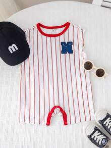 SHEIN Unisex Baby Cute Red Sleeveless Romper Jumpsuit Baseball Jacket, Spring/Summer Baby Boy Clothes, Outfits - Red - View 7