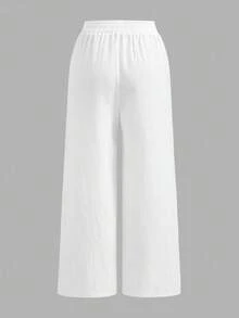SHEIN EZwear 2件套水洗棉条纹宽松长裤，夏季 - 綠色 - 查看 8