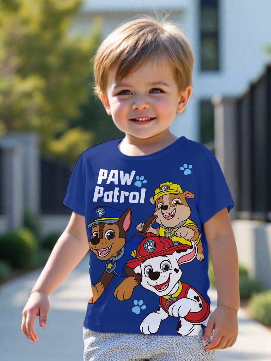 SHEIN | PAW Patrol 男童可爱卡通狗印花圆领短袖T恤，夏季 - 白色 - 查看 1