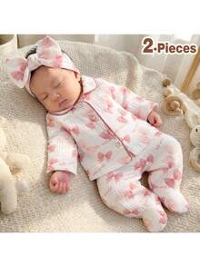 Loomiva Newborn Baby Girl Cartoon Bear Pattern Lapel Long Sleeve Cardigan Top And Elastic Waist Pants 2 Pieces Set - Multicolor - View 2