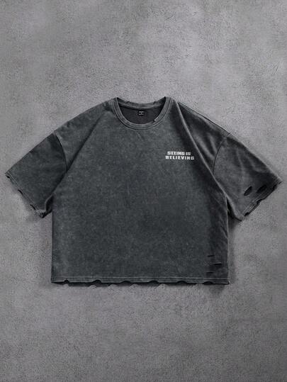 PAVTROS 男士简约字母图案圆领短袖T恤，情人节、春夏、Y2K、狂欢节、复古、街头风、派对、圣帕特里克节、外出，男士雪花水洗裁剪圆领T恤