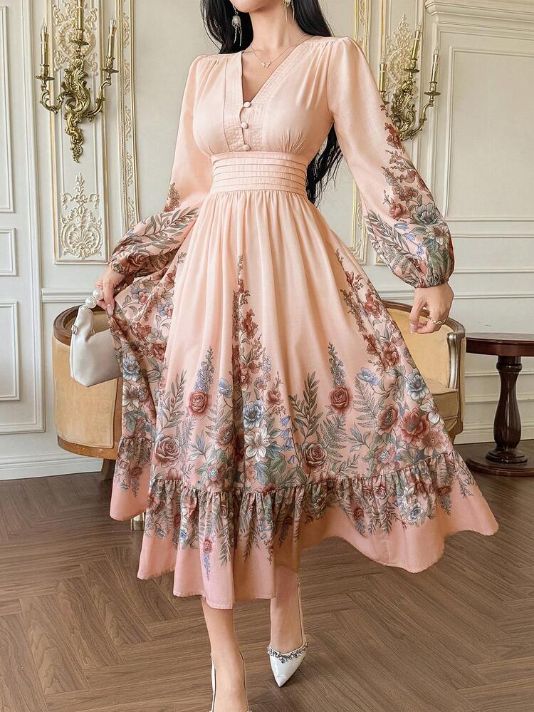 Vintage Print Waist Cinched Dress, High-End Luxurious Elegant Vacation Style Long Dress For Women Maxi Dress Sundress Boho