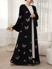 Al Najma Romantic Butterfly Print Open Front Flare Sleeve Dress, Spring/Summer - Multicolor - View 5