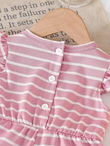 SHEIN Playful Pals Baby Girls' Casual Striped Romper, Spring/Summer - Pink - View 3