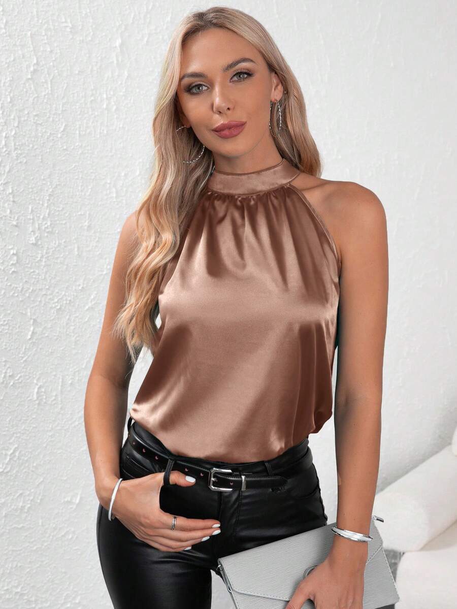 SHEIN Clasi 女士纯色立领无袖褶皱衬衫 - 駝色 - 查看 1