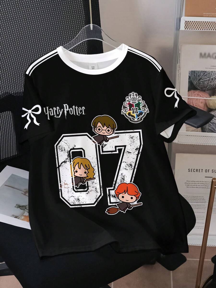 HARRY POTTER X SHEIN Tween Girls Cartoon Print Crew Neck Short Sleeve Casual Fashion T-Shirt, - White - View 1