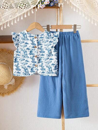 Conjunto de 2 piezas de camiseta de manga corta con botones en la espalda y pantalones largos casuales de tela texturizada para niña