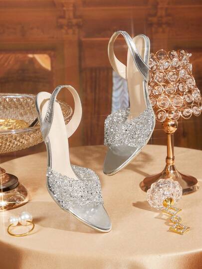 CUCCOO TILAWA Women Shoes Sparkling Rhinestone Silver High Heel Sandals Stiletto Open Toe Shoes Banquet Dating Fashion Women's Shoes