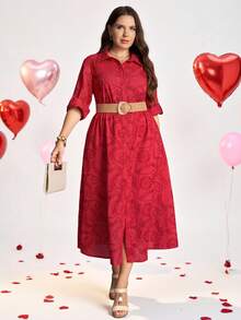Comfylo Vestido casual versátil de talla grande con botones frontales y diseño hueco de unicolor - Rojo - View 4