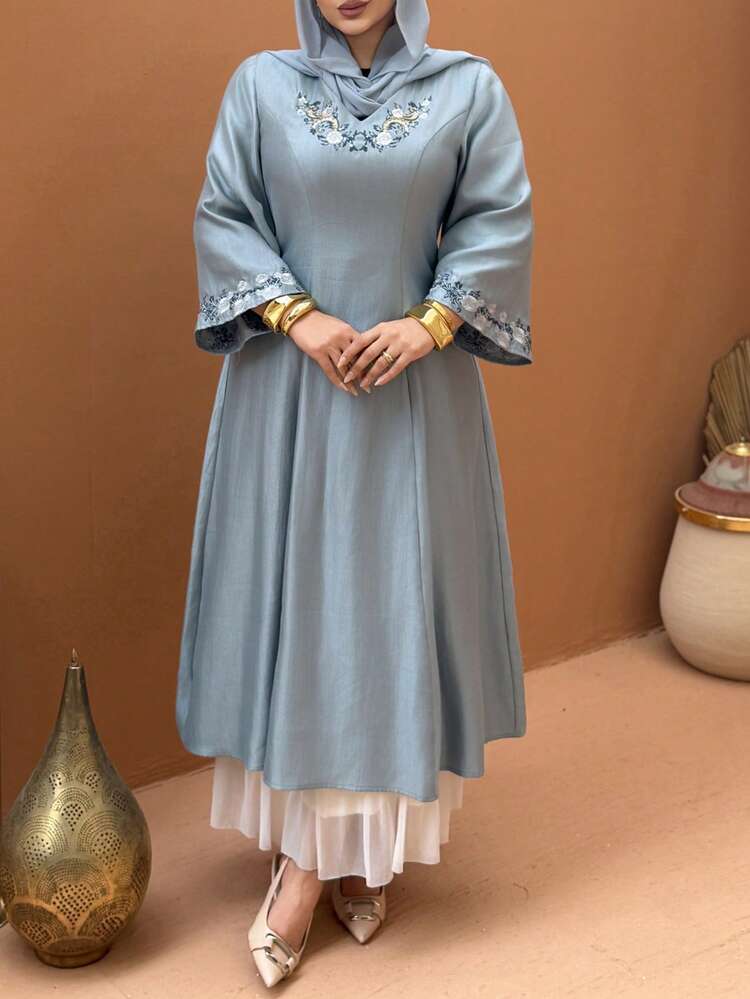 Dazy Plus V-Neck Embroidered Waist Cinched Elegant Long Plus Size Women Dress, Spring/Summer Dress Sundress