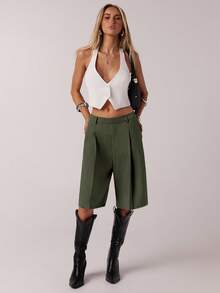 SHEIN Forever 21 Women's Minimalist Solid Color Bermuda Shorts, Suitable For Commuting, Spring - Hunter Green - View 7