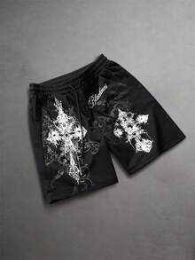ROMWE MEN Men's Casual Fashion Street Cross & Letter Print Drawstring Waist Shorts, Summer - Black - View 8