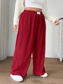 SHEIN EZwear 大码女式高腰宽松阔腿裤，卡其色灯芯绒面料，带口袋和贴布设计，适合校园、日常穿着和室内工作，秋冬季穿着。 - 紅色 - 查看 4