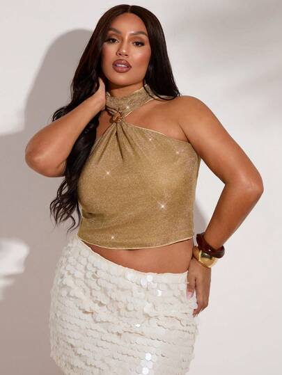 SHEIN BAE Plus Size Women Sleeveless Gold Mesh Vest