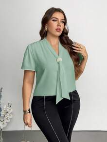 Firerie Plus Size Solid Color Ribbon Collar Short Sleeve Casual Minimalist Shirt - Mint Green - View 10