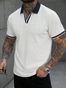 Manfinity CasualCool Men's Casual Commuter Textured Trim Collar Polo Shirt, Summer - White - View 4