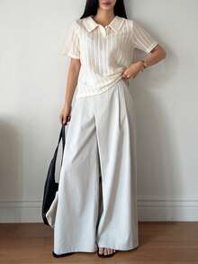 DAZY 女士夏季 Polo 领短袖纹理休闲 T 恤 - 米色 - 查看 4