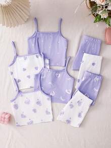 8pcs/Set Girls Minimalist Fashion Pink & White Sweet Heart, Eyelash, Polka Dot Print Camisole Underwear And Shorts Set - Purple - View 2