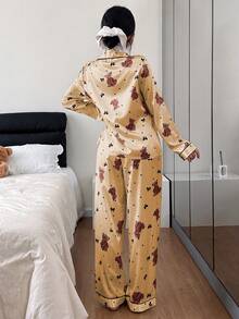 Asian Style Dream Adore Women's Brown Base Bear Bow Heart Print Faux Silk Lapel Cardigan & Pants Pajama Set - Apricot - View 2