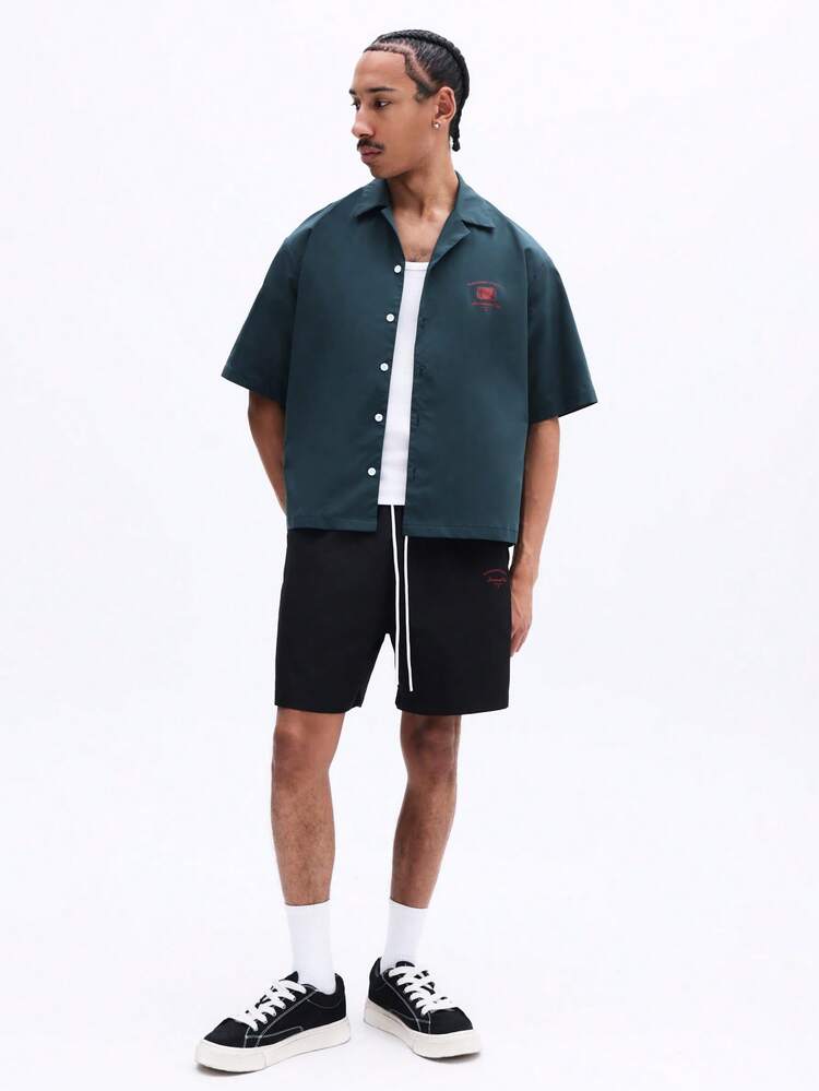 SUMWON Forest Green Short Sleeve Button Up Shirt And Black Shorts Co-Ord Set With Chest Logo For Casual Summer Style