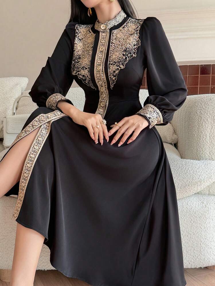 Long Sleeve Round Neck Gold Thread Embroidered Cinched Waist Single-Breasted Slim Fit Dress