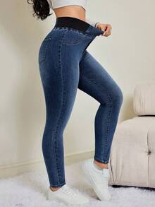 SHEIN Tall Women's Casual Washed High Waist Slim Fit Jeans Autumn/Winter Elastic Waistband High-Stretch Comfort Fabric Dark-Wash Skinny Jeans - Medium Wash - View 5