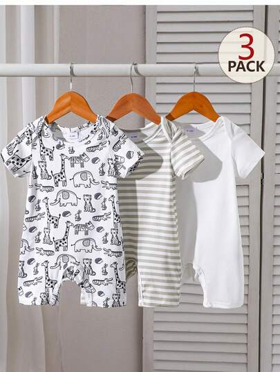 Bộ 3 món cho bé sơ sinh trai/gái unisex 0-3 tuổi, áo liền quần tay ngắn kẻ sọc hoạt hình dễ thương, trang phục mùa hè tay ngắn cho bé trai, áo liền quần cho bé sơ sinh, quần áo mùa hè cho bé trai, bộ áo liền quần in họa tiết và kiểu dáng cơ bản, mùa xuân/hè.