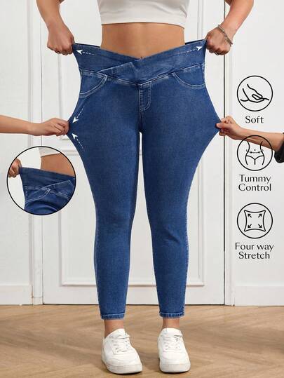 SHEIN PETITE CURVE Summer Plus Size Women Cross-Waist Design With Ultra-Stretch Comfortable Knit Denim Fabric Casual Commuter Sports Gym Collection Casual Everyday Commute Simple Versatile Overlap Waist Skinny Jeans