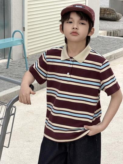 DAZY Tween Boys' Summer Casual Striped Quarter Button Short Sleeve T-Shirt