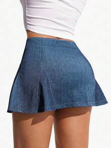 Flexra Solid Color Elastic Casual Versatile Denim Mini Skirt, Spring/Summer - Medium Wash - View 2
