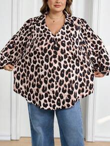 SHEIN CURVE+ 大码女装秋冬休闲宽松舒适V领黑色长袖衬衫，秋季女装，女式衬衫，大码上衣，复古风，黑色上衣，商务休闲女装，办公室女装，W码，教师衬衫，女士秋冬服装，冬季，大码 - 棕色 - 查看 5