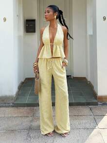 Muchica 黄色露背吊带上衣和裤子度假套装 - 黃色 - 查看 3