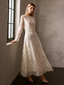 MOTF PREMIUM ELEGANT EMBROIDERED MESH LONG DRESS WITH BELT - Apricot - View 6